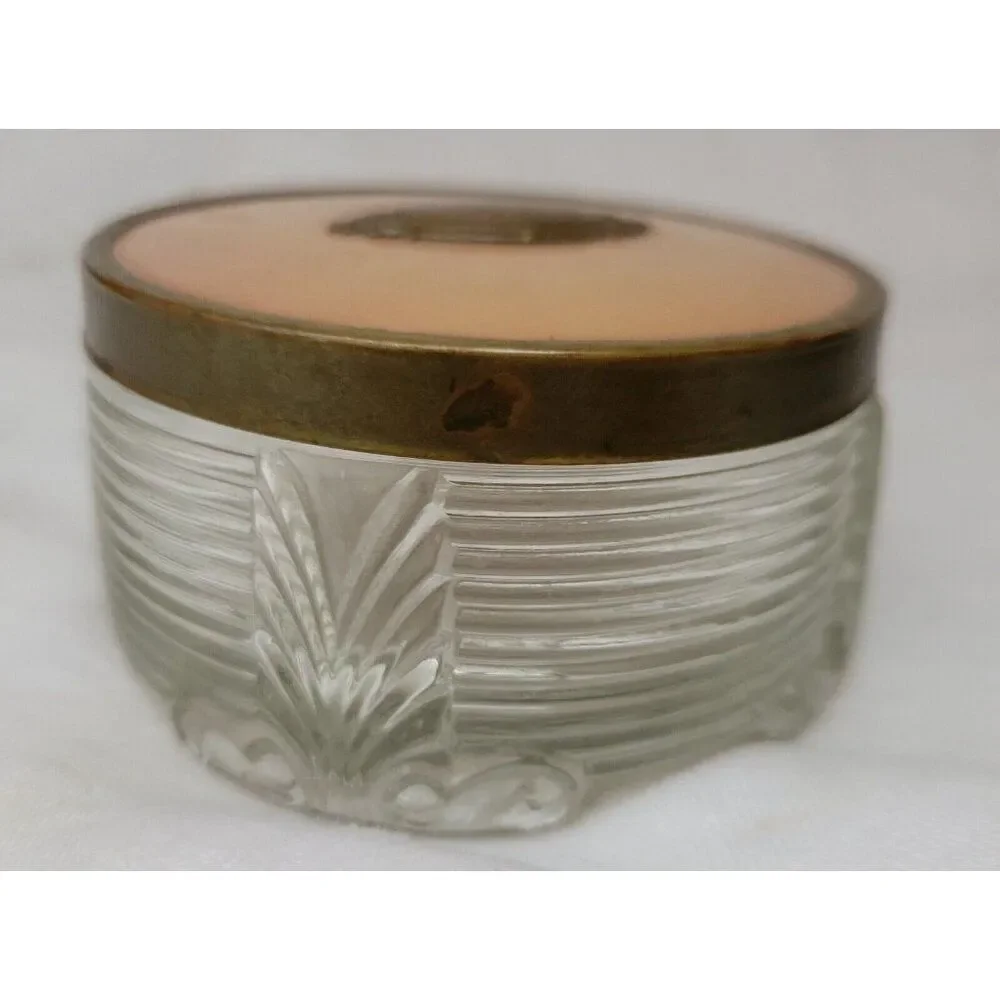 Powder Jar glass w/lid Art Deco MCM brass bronze antique raised vintage EUC